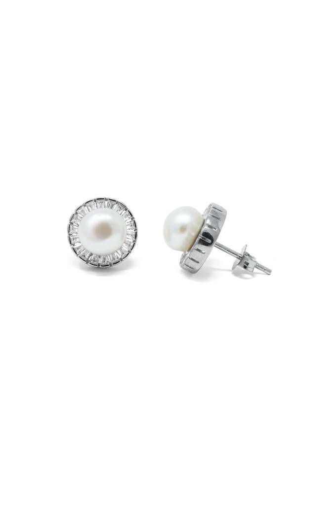 Mannash Royal Pearl Baguette Statement Sterling Silver Stud Earrings : MZSES36D059