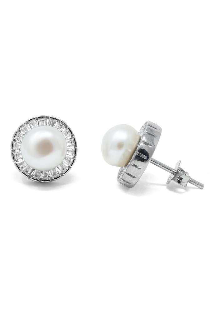 Mannash Royal Pearl Baguette Statement Sterling Silver Stud Earrings : MZSES36D059