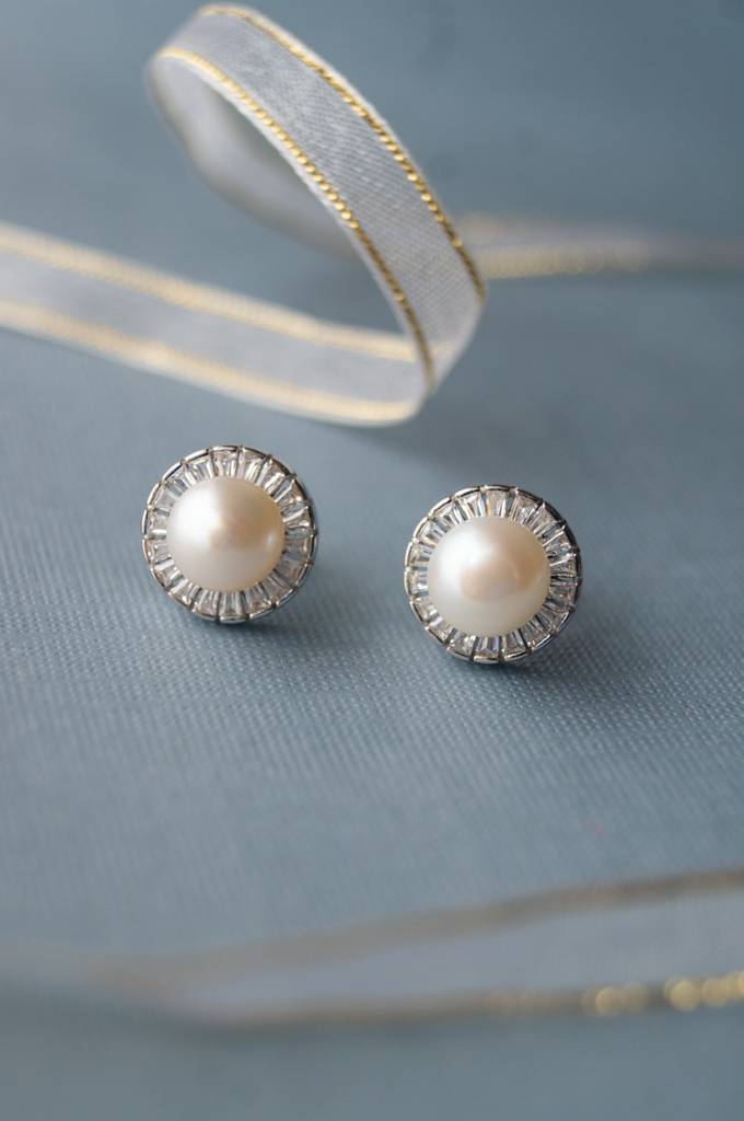 Mannash Royal Pearl Baguette Statement Sterling Silver Stud Earrings : MZSES36D059