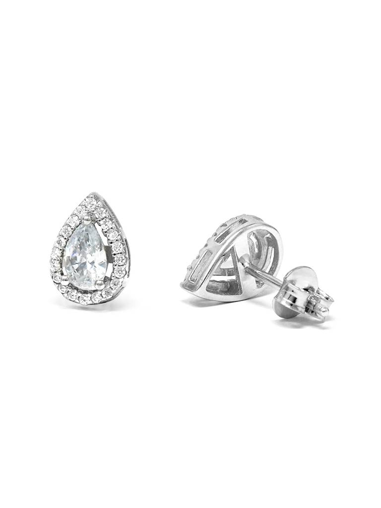 Mannash Halo Pear Solitaire Sterling Silver Stud Earrings : MZSES464D1107