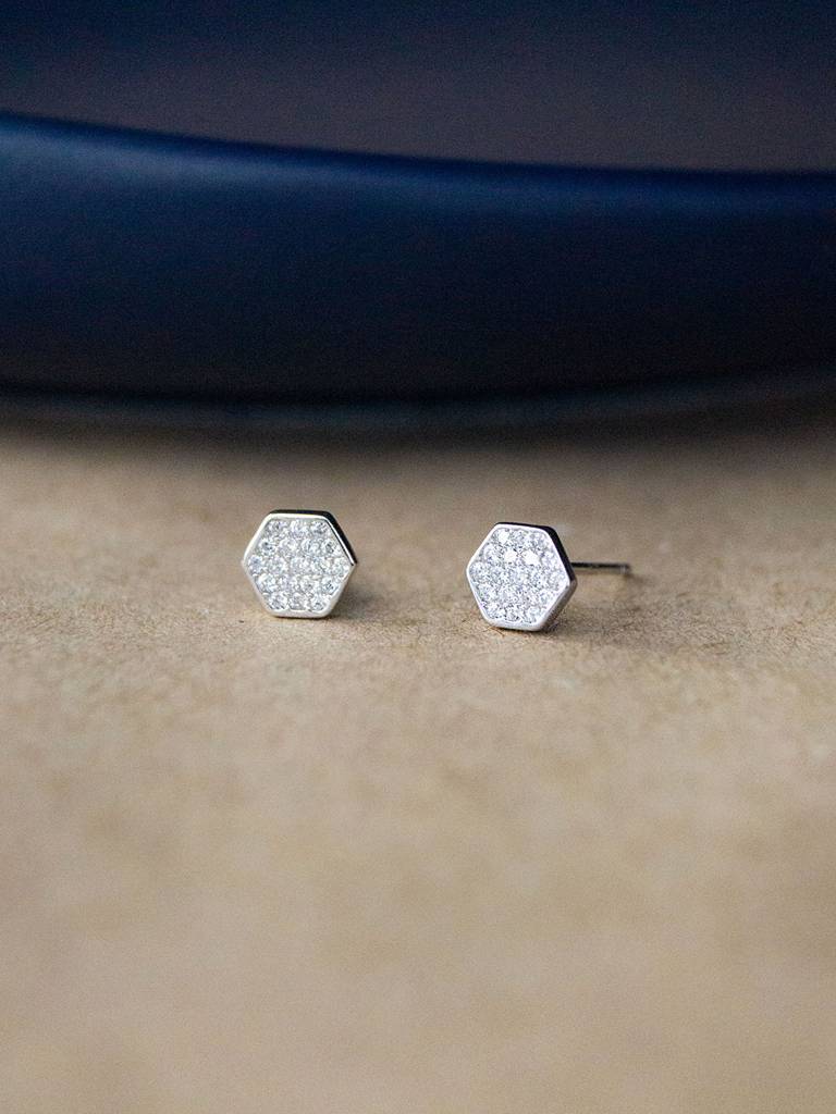 Mannash Sparkling Hexagon Sterling Silver Stud Earrings : MZSES472D1115