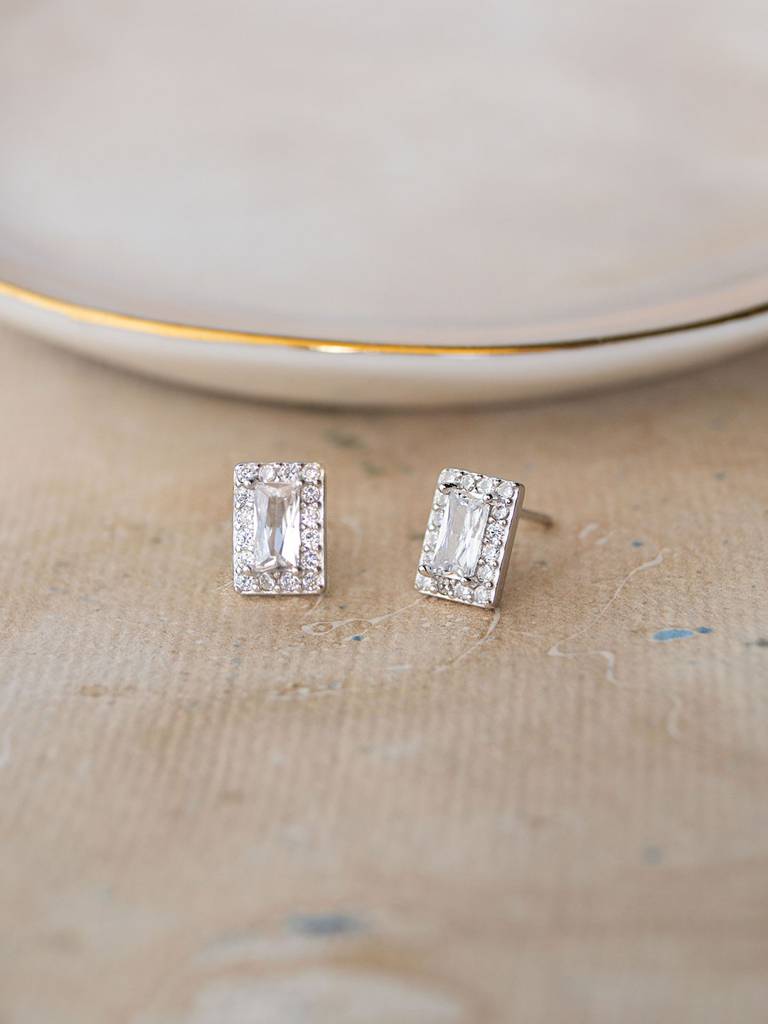 Mysterical Rectangle Solitaire Sterling Silver Stud Earrings