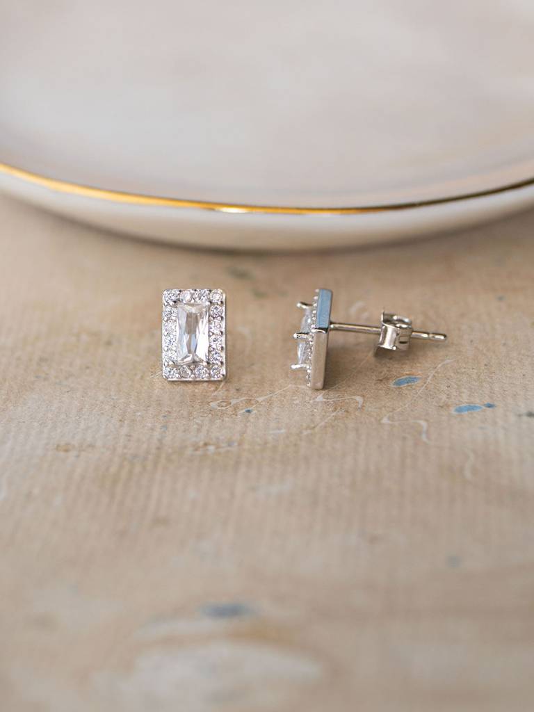 Mysterical Rectangle Solitaire Sterling Silver Stud Earrings