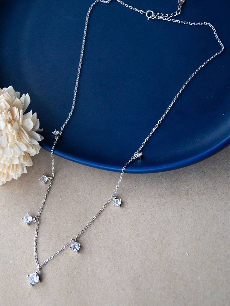 Glamourous Solitiare Station Sterling Silver Charm Necklace