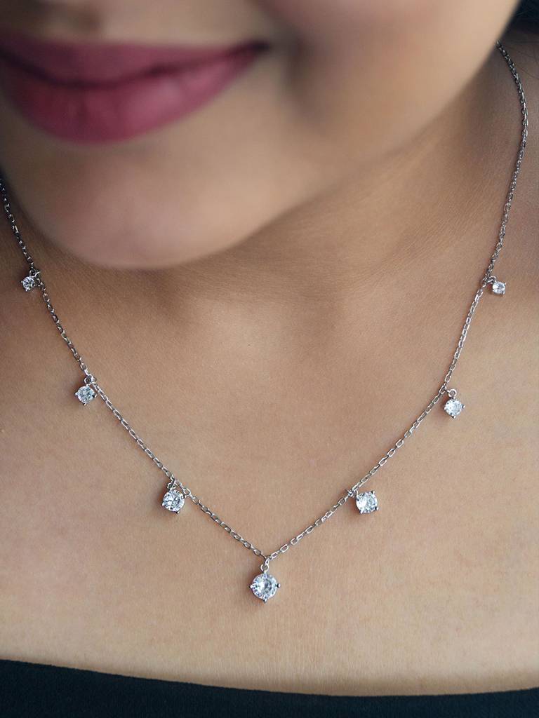 Glamourous Solitiare Station Sterling Silver Charm Necklace