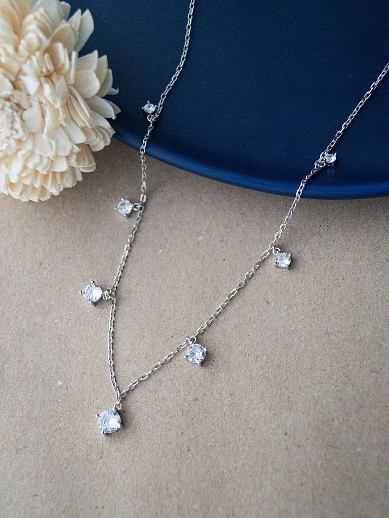 Glamourous Solitiare Station Sterling Silver Charm Necklace