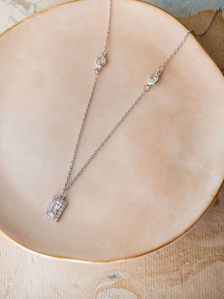 Mannash Mysterical Rectangle Solitaire Sterling Silver Chain Necklace : MZSNCP521D1217