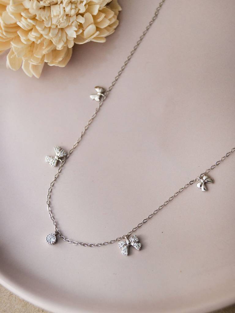 Mannash Cutie Bow Charms Sterling Silver Charm Necklace : MZSND423D978