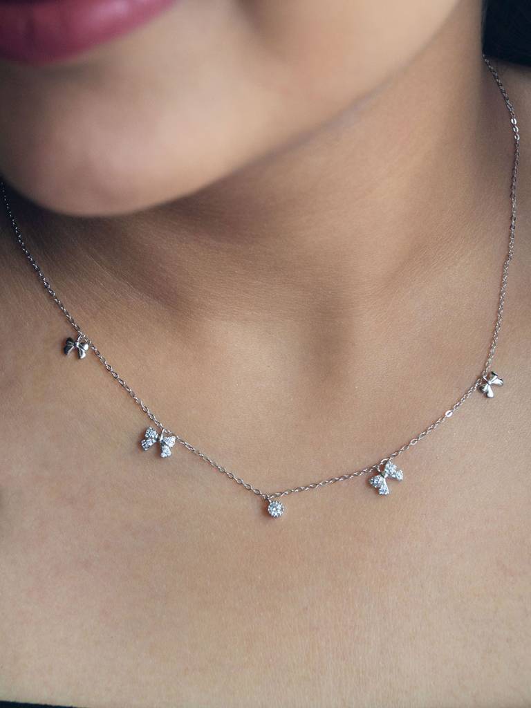 Mannash Cutie Bow Charms Sterling Silver Charm Necklace : MZSND423D978
