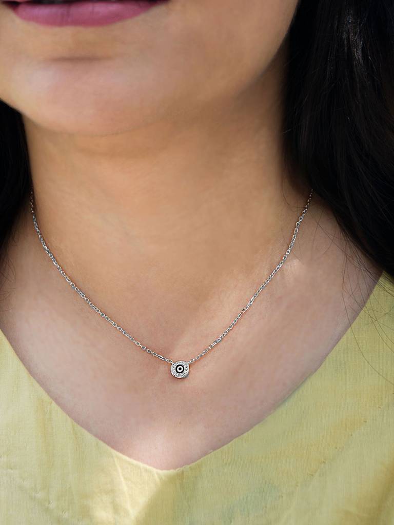 Evil Eye Round Hand-Painted Delicate Rose Gold Plated Sterling Silver Chain Necklace