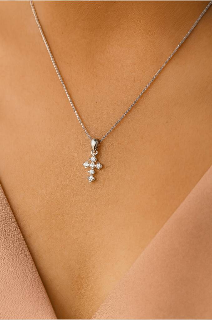 Minimal Shimmer Sterling Silver Cross Pendant With Chain : MZSPC918D2305