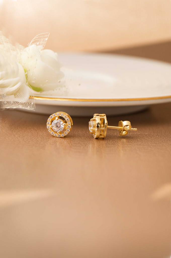 Glorious Halo Solitaire Gold Plated Sterling Silver Stud Earrings : MZYES304D2210