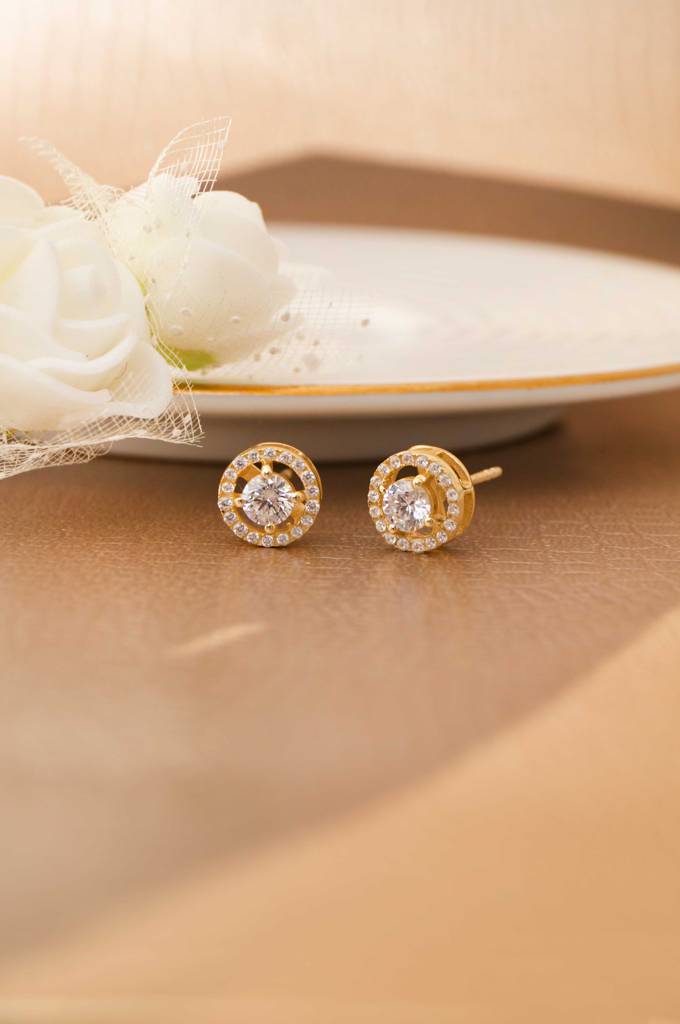 Glorious Halo Solitaire Gold Plated Sterling Silver Stud Earrings : MZYES304D2210