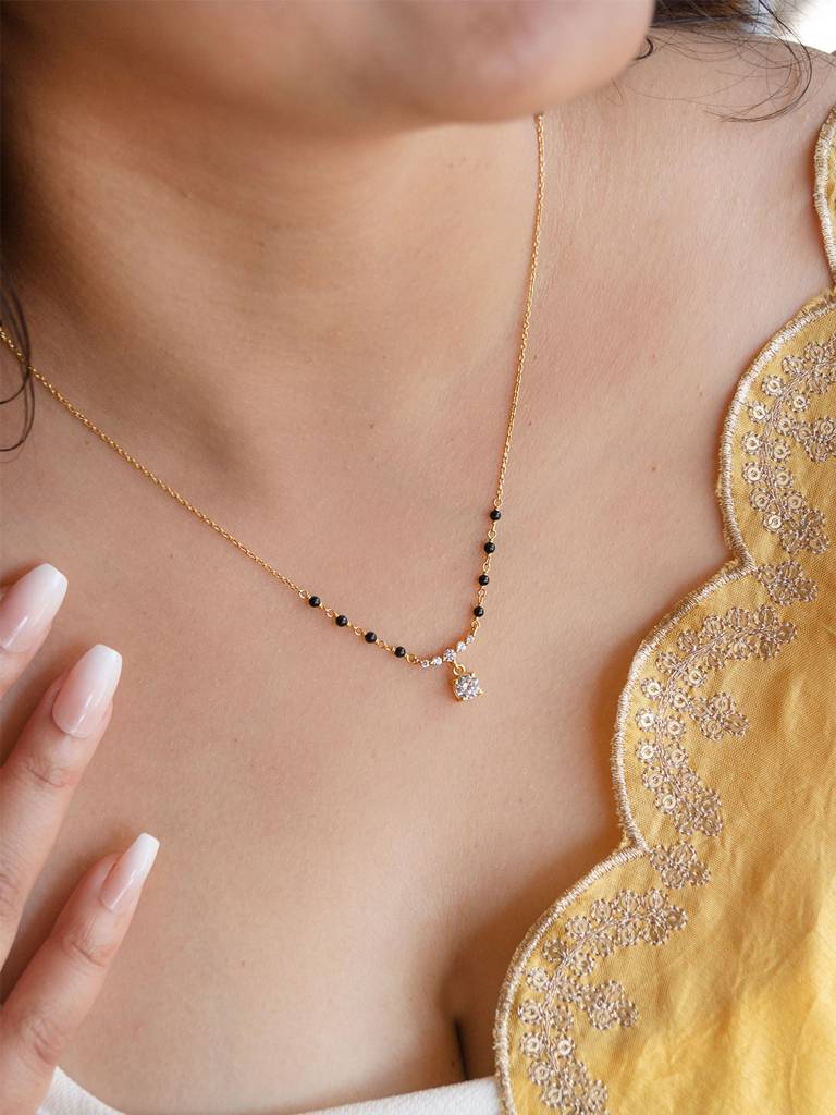 Blinging Solitaire Gold Plated Sterling Silver Mangalsutra Necklace : MZYNM870D2008