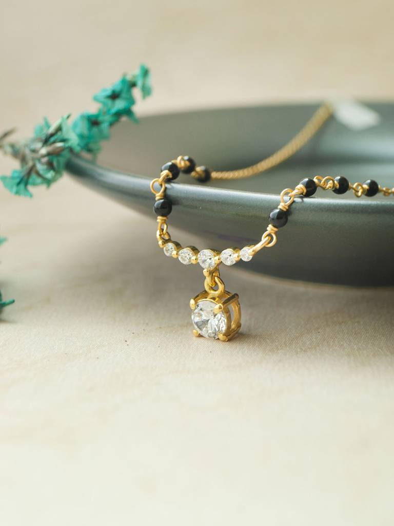 Blinging Solitaire Gold Plated Sterling Silver Mangalsutra Necklace : MZYNM870D2008