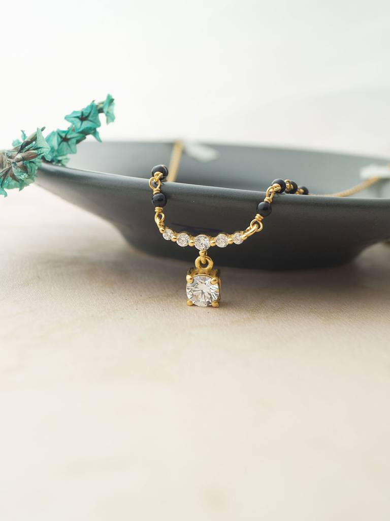 Blinging Solitaire Gold Plated Sterling Silver Mangalsutra Necklace : MZYNM870D2008
