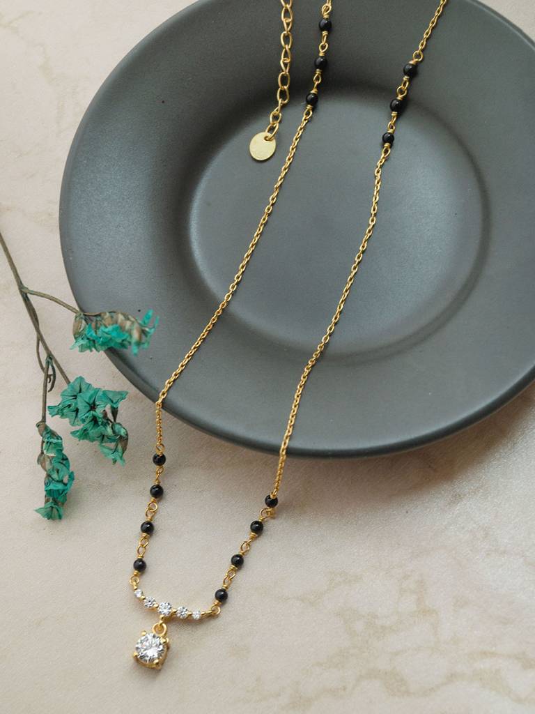 Blinging Solitaire Gold Plated Sterling Silver Mangalsutra Necklace : MZYNM870D2008