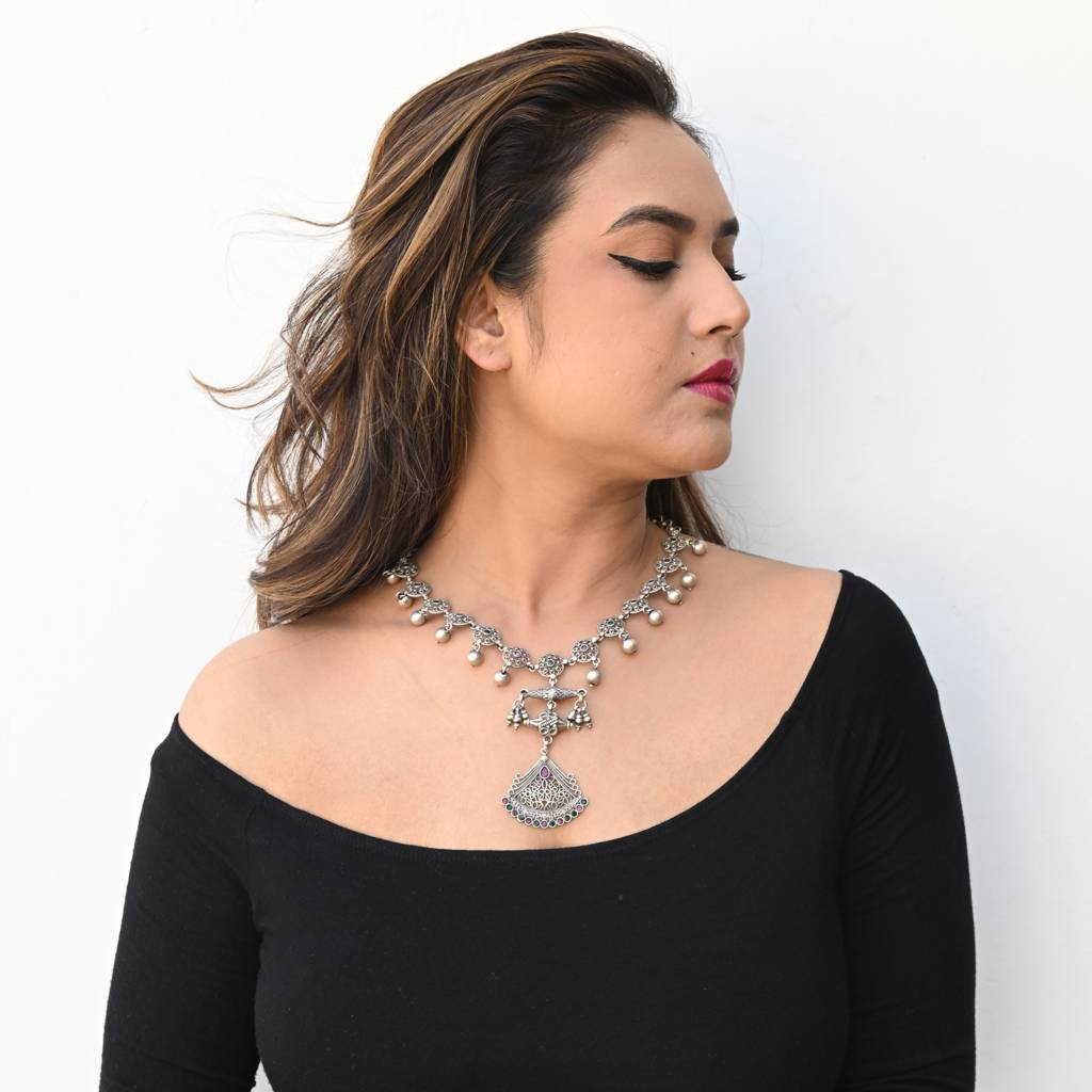 925 Pure Silver Antique Elegant Necklace | Oxidized Silver Long Coin Necklace : NL1025A