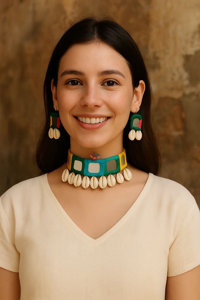 Multi-Color Hand Embroidered Mirrors And Shell Work Choker Necklace Set : ALT-Jew-RDV-02
