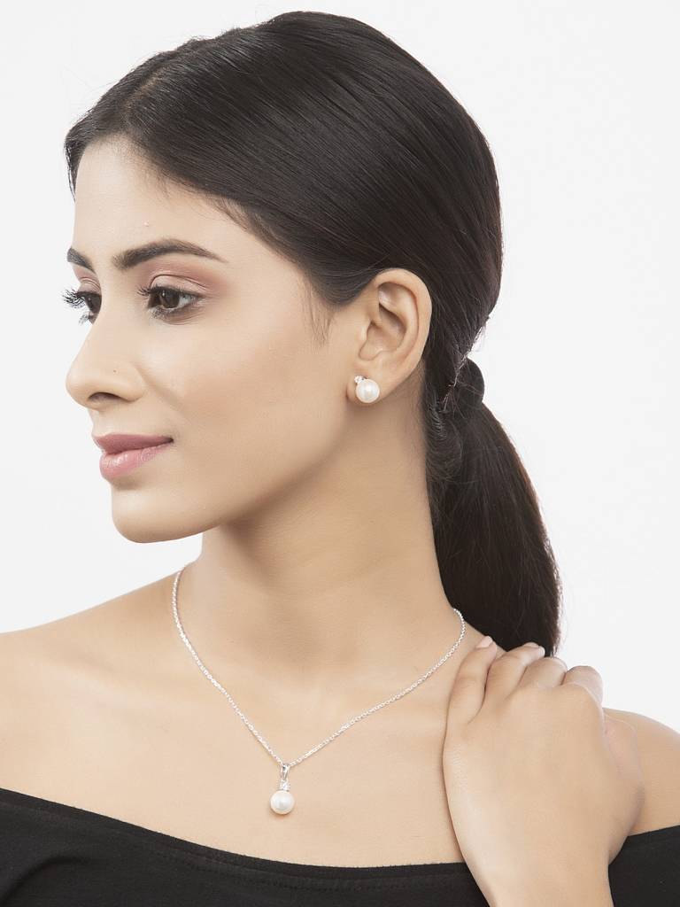 925 Sterling Silver Classic Pearl Pendant Earrings Chain Jewellery Set Gift For Women And Girls-Cspczp8E2 : CSPCZP8E2