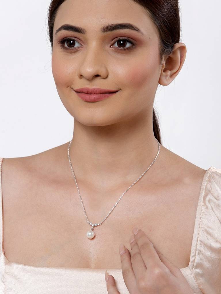 925 Sterling Silver Classic Pearl Pendant With Chain Gift For Women And Girls-Cspczp12 : CSPCZP12