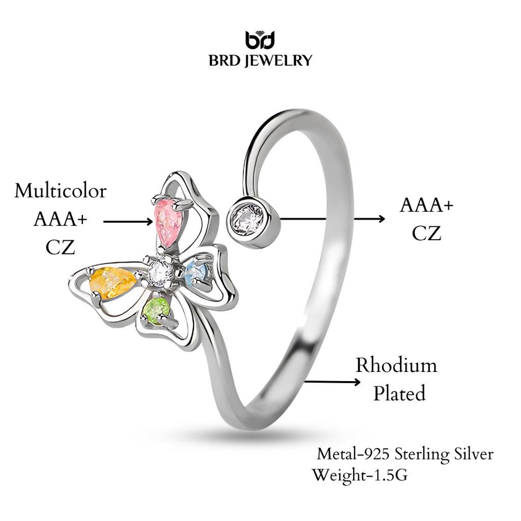 Brd Jewelry 925 Sterling Silver Multicolor Cz Butterfly Adjustable Ring For Women & Girls I Butterfly Ring : BRDYK0110