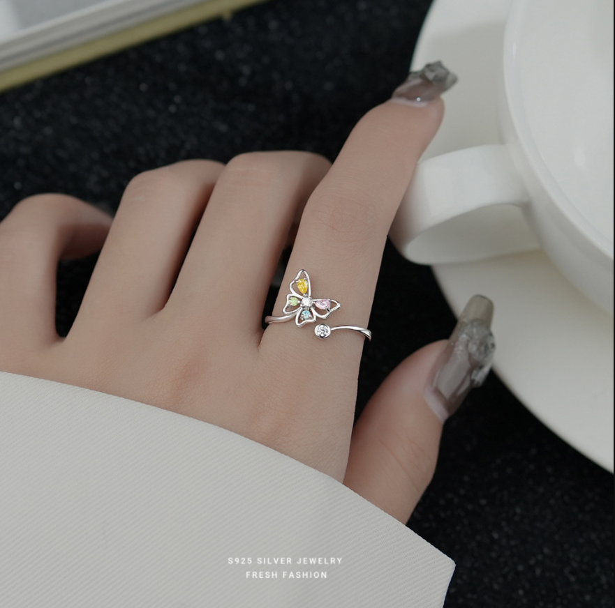 Brd Jewelry 925 Sterling Silver Multicolor Cz Butterfly Adjustable Ring For Women & Girls I Butterfly Ring : BRDYK0110