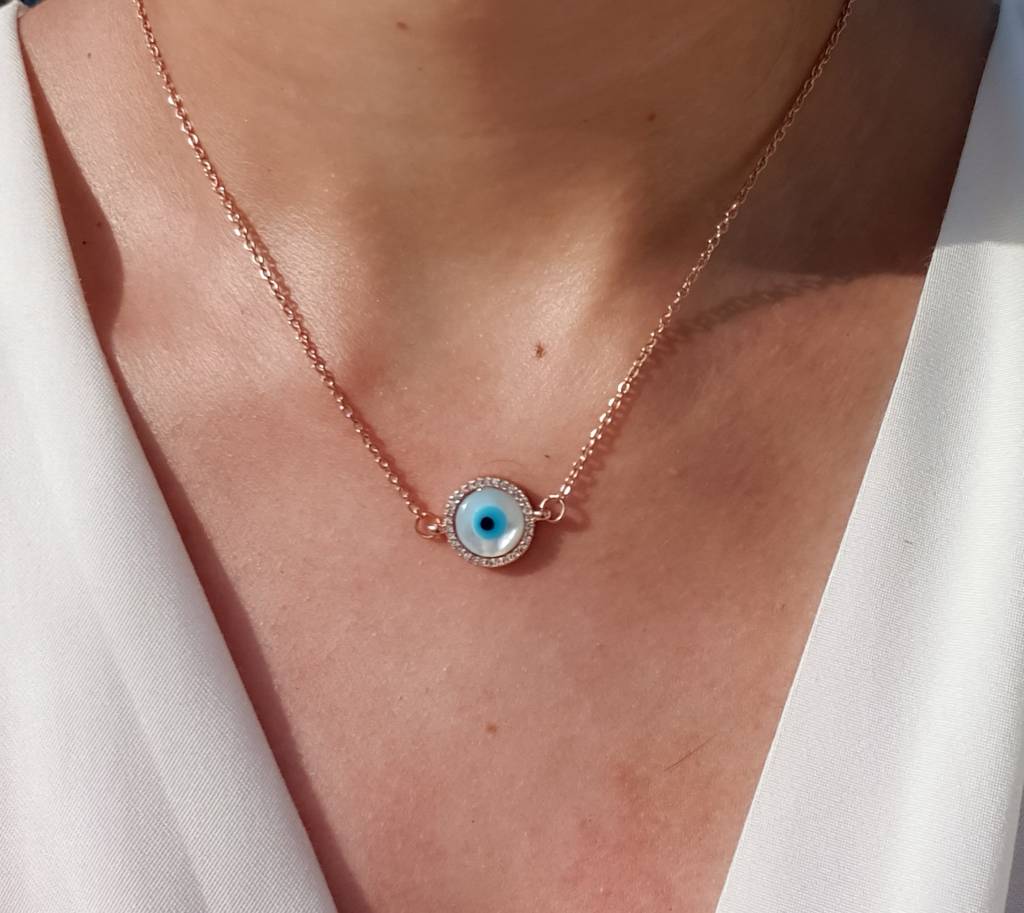 White Round Evil Eye Necklace : N-EE-13-0