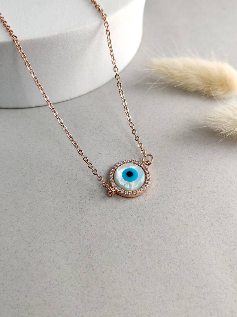 White Round Evil Eye Necklace : N-EE-13-0