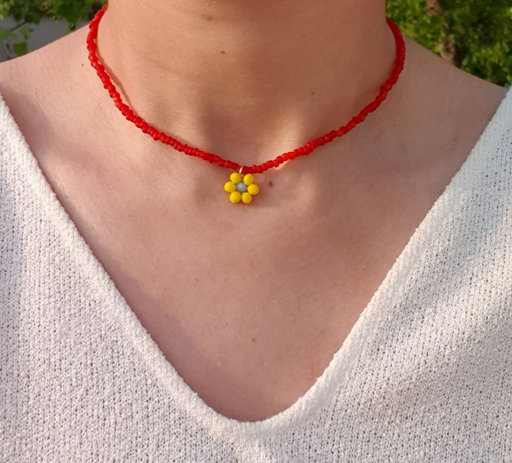 Red Flower Bead Necklace : N-FL-4-0