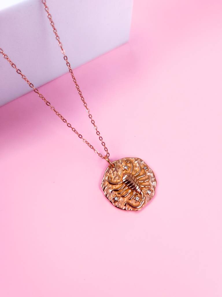 French Zodiac Coin Necklace (Scorpio) Rose Gold Stainless Steel