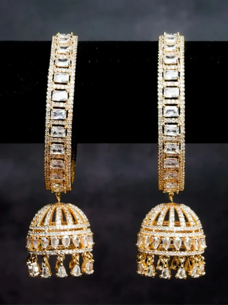 American Diamond Gold Bangle With Jhumka Hanging Pair : QJSEP150