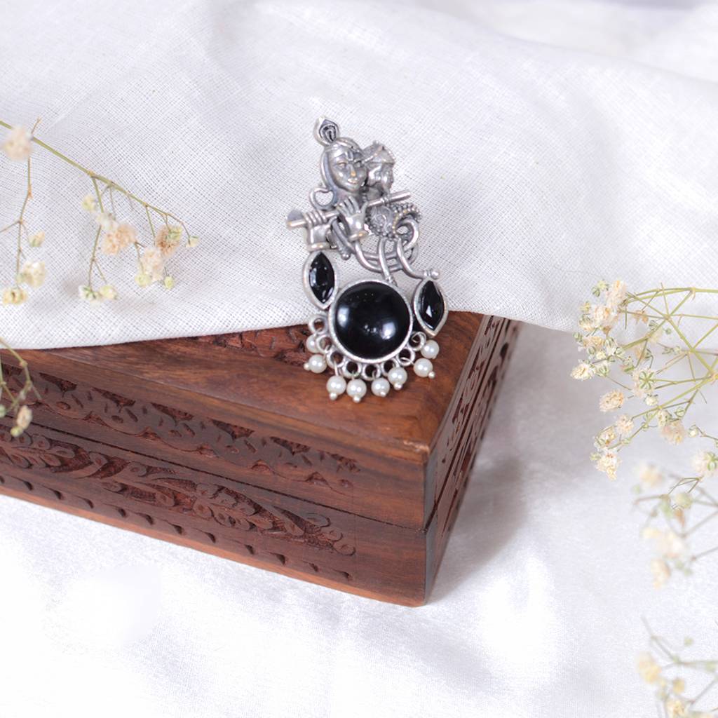 Lord Krishna Flute Design Oxidized Silver Adjustable Ring : FW-72
