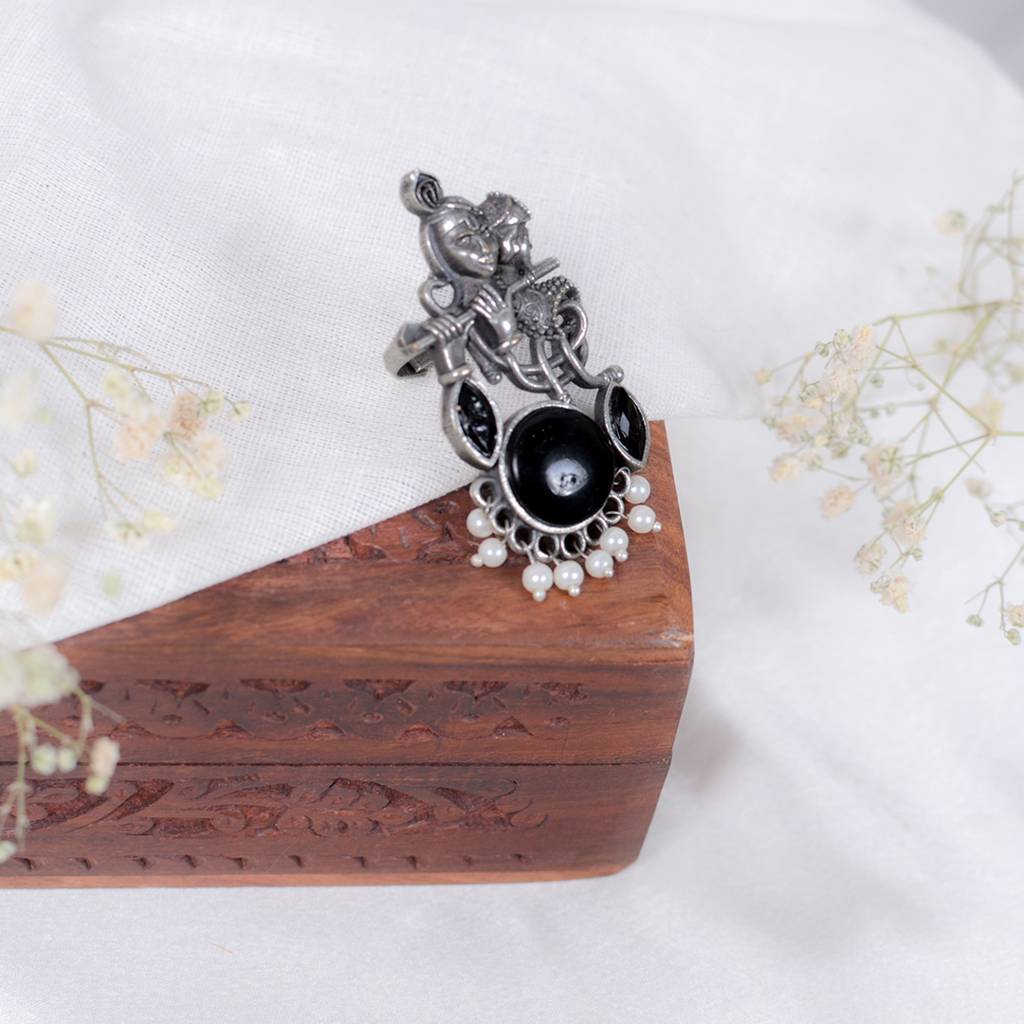 Lord Krishna Flute Design Oxidized Silver Adjustable Ring : FW-72