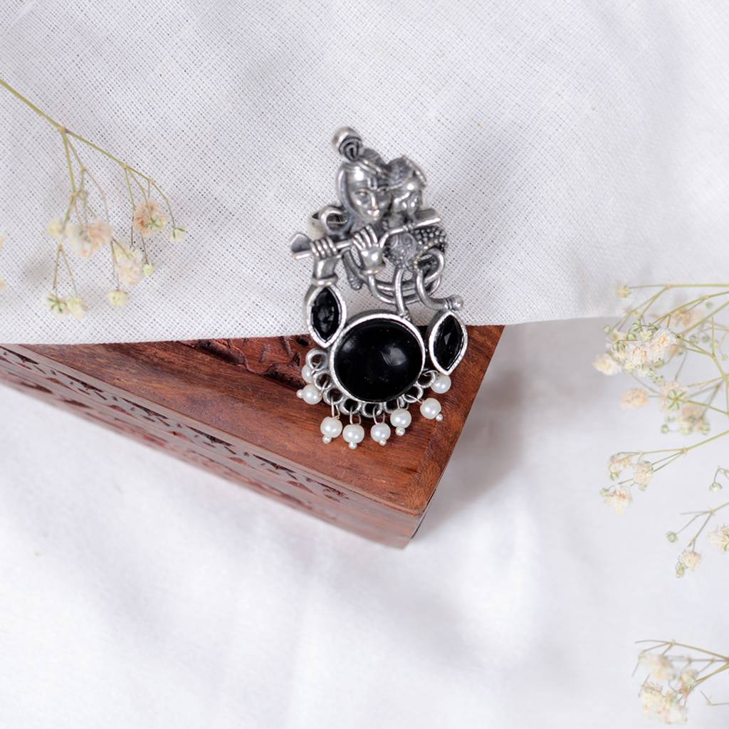 Lord Krishna Flute Design Oxidized Silver Adjustable Ring : FW-72