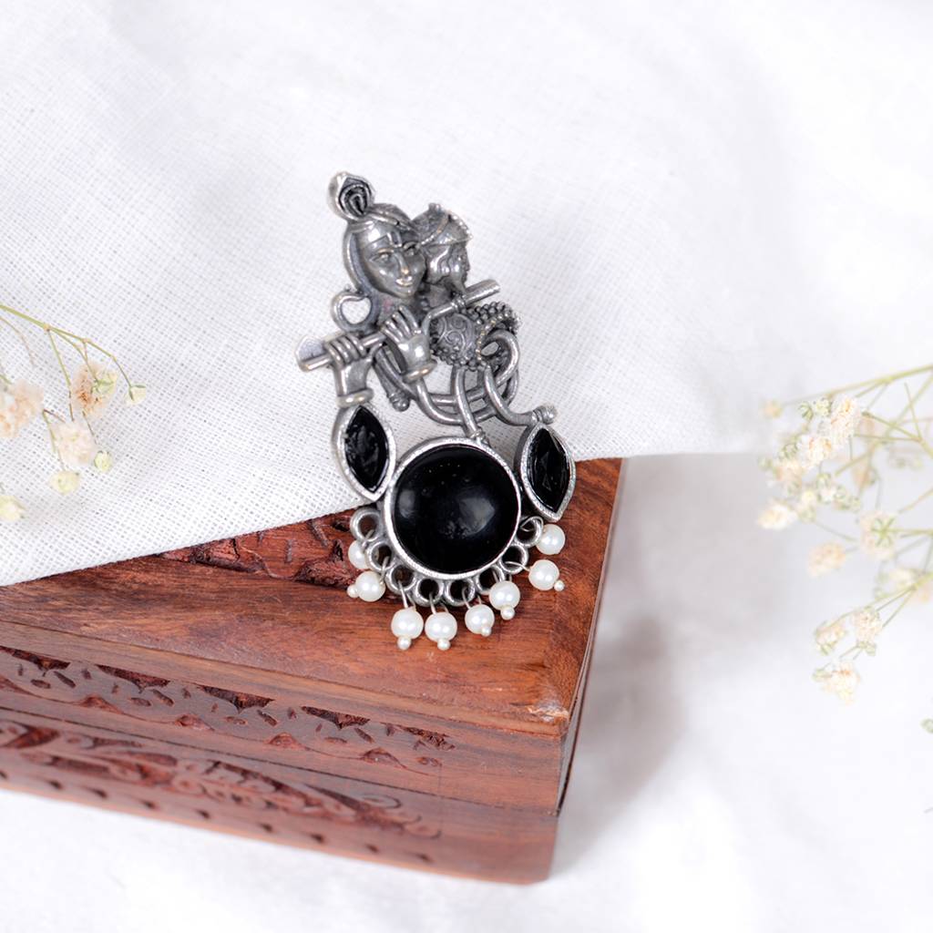 Lord Krishna Flute Design Oxidized Silver Adjustable Ring : FW-72