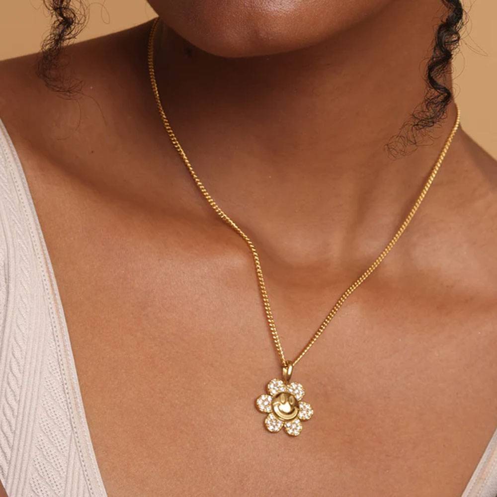 Gold Sunflower Charms Cubic Zirconia Smile Face Pendant : NK260