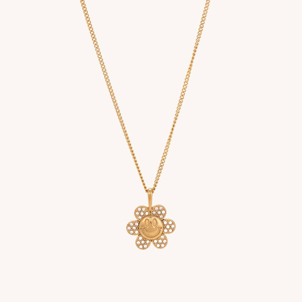 Gold Sunflower Charms Cubic Zirconia Smile Face Pendant : NK260