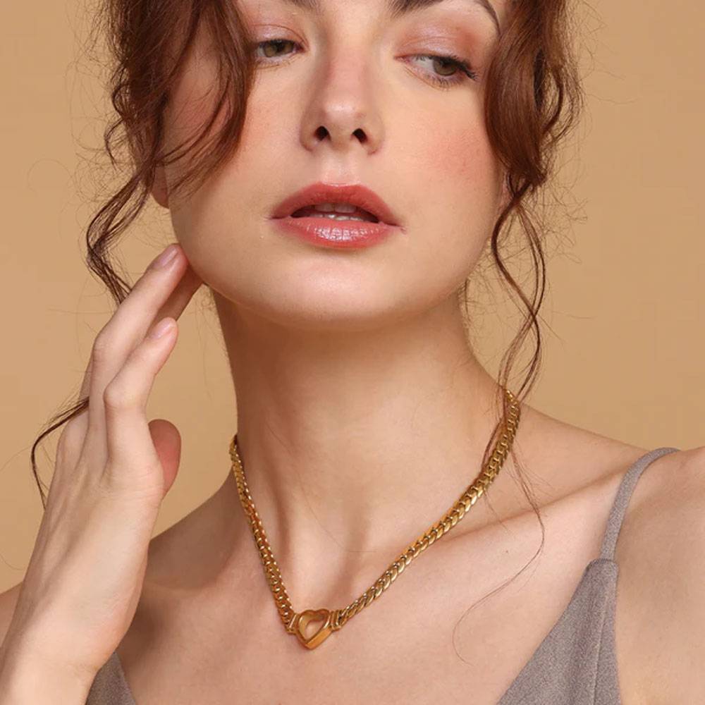 Cuban Chain Hollow Heart Necklace : NK274