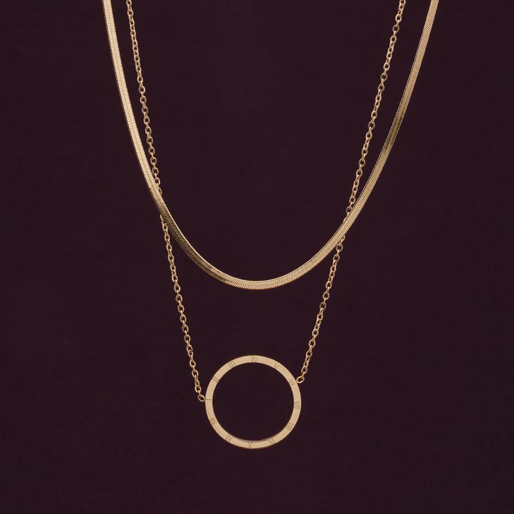 Palmonas 18K Gold Plated Circle Ring Double Layer Necklace For Womens Waterproof & Anti-Tarnish : NK302
