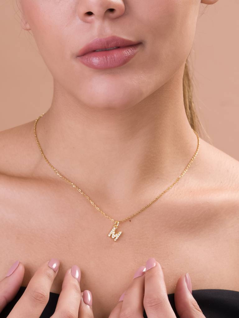 Studded Initial Necklace For Womens Waterproof & Anti-Tarnish : NK397-M