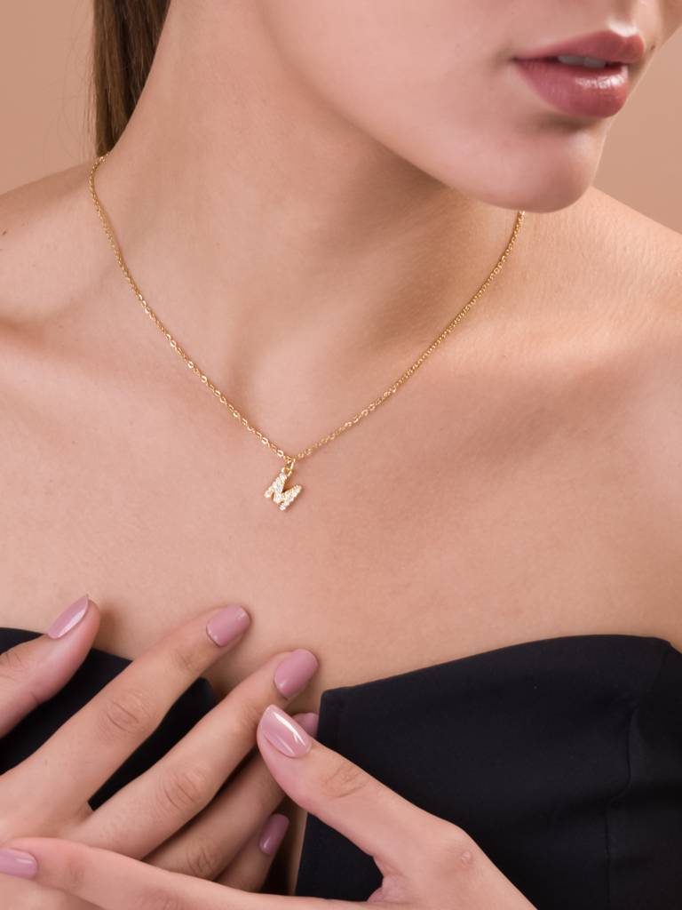 Studded Initial Necklace For Womens Waterproof & Anti-Tarnish : NK397-M