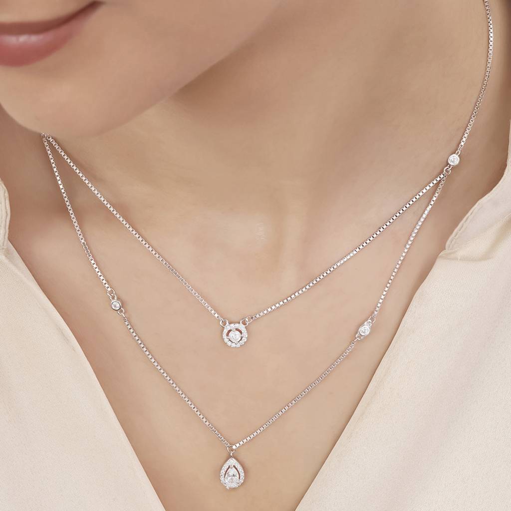 Radiant Fusion Rhodium Plated 925 Sterling Silver Layered Necklace : NL-30216-R