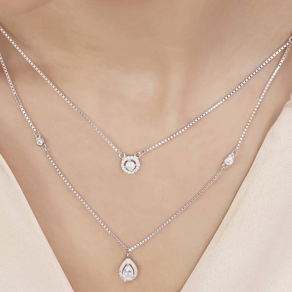 Radiant Fusion Rhodium Plated 925 Sterling Silver Layered Necklace : NL-30216-R