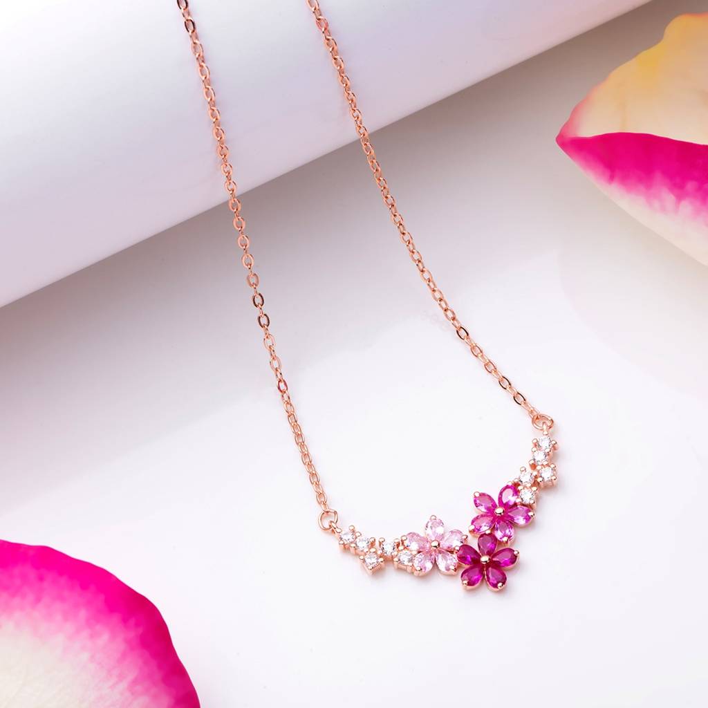 925 Pure Silver Rose Gold Plated Cz Floral Necklace 925 Pure