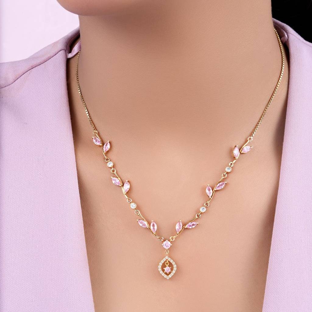 Pink Blossom Gold Plated 925 Sterling Silver Necklace : NL-30361-G