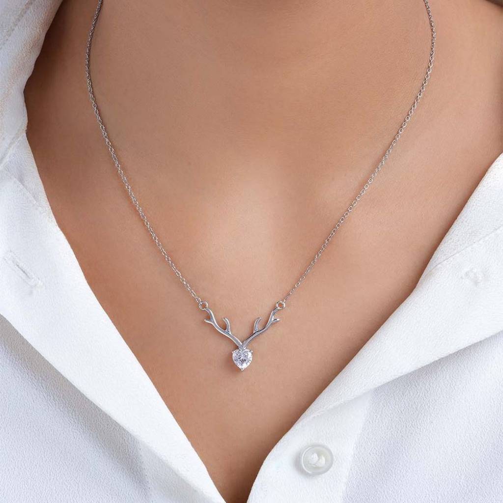 Graceful Deer Rhodium Plated 925 Sterling Silver Necklace : NL-30364-R