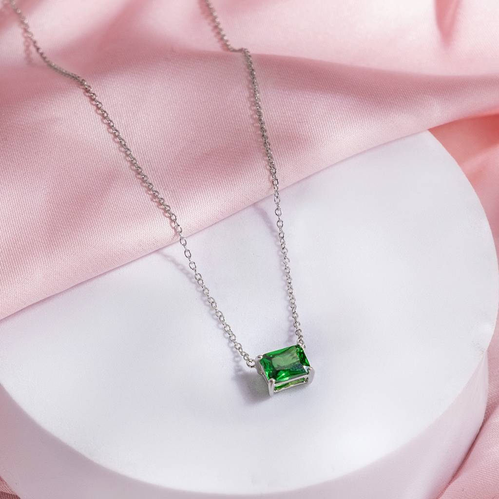 Emerald Solitaire Rhodium Plated 925 Sterling Silver Necklace  Sterling Silver Silver