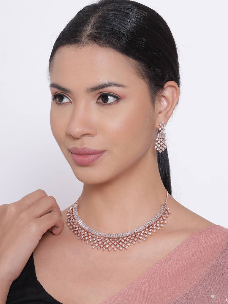 Rose Gold-Plated White-Stone Studded Jewellery Set-Nl-Js21-40023 : NL-JS21-40023