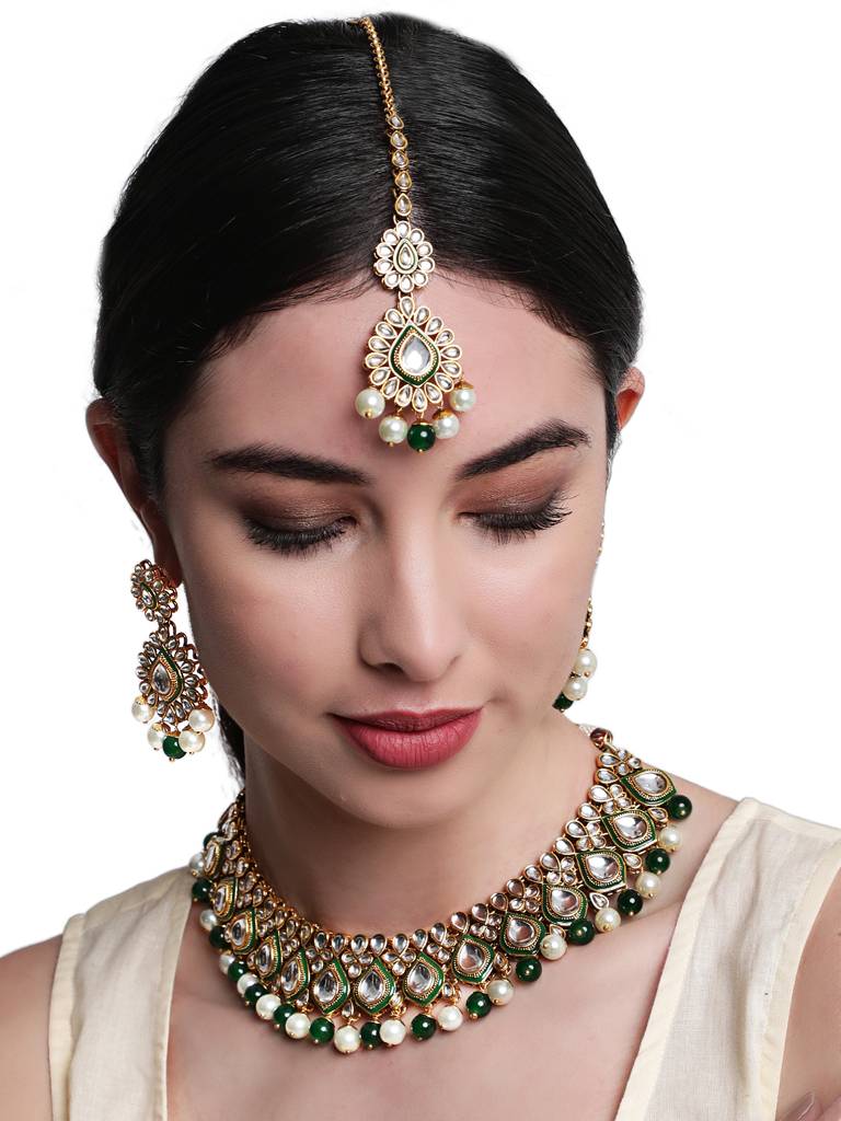 Gold-Plated Kundan-Studded & Pearl Beaded Jewellery Set : NL-JS21-40084